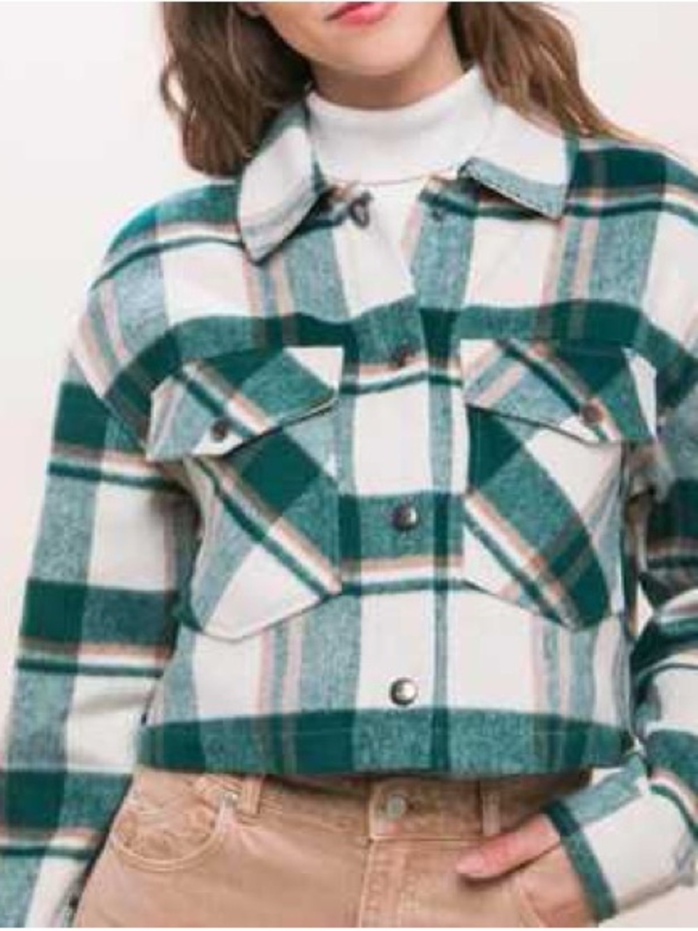 Zara Teal and Cream Cropped Plaid Jacket